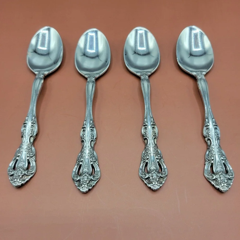Vtg Set Of 4 Imperial Intl Chalmette Oval Soup Spoon Floral Design Korea 7 1/8in